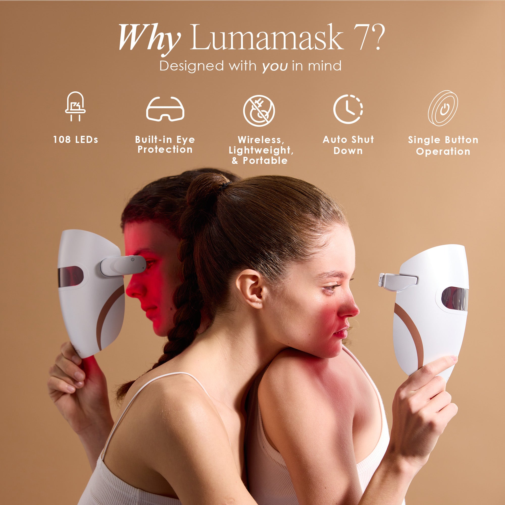 Lumamask 7 LED light therapy face mask showing features such as 108 LEDs and auto shut down