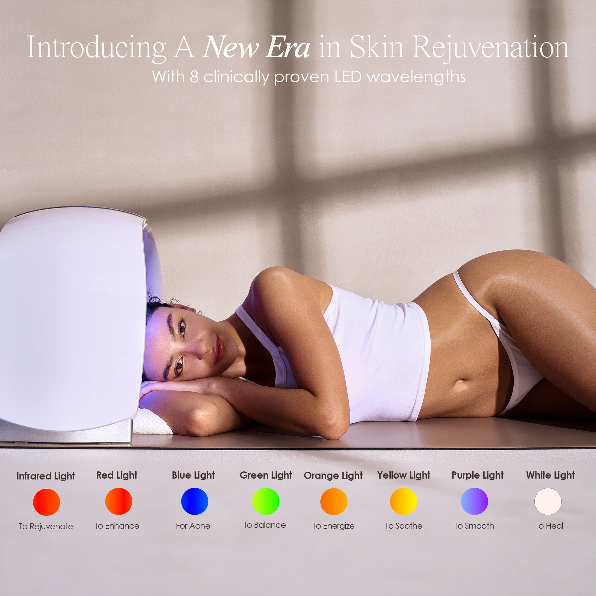 LumaLux Dome face and body LED light therapy device showing technology functions such as infrared light to rejuvenate