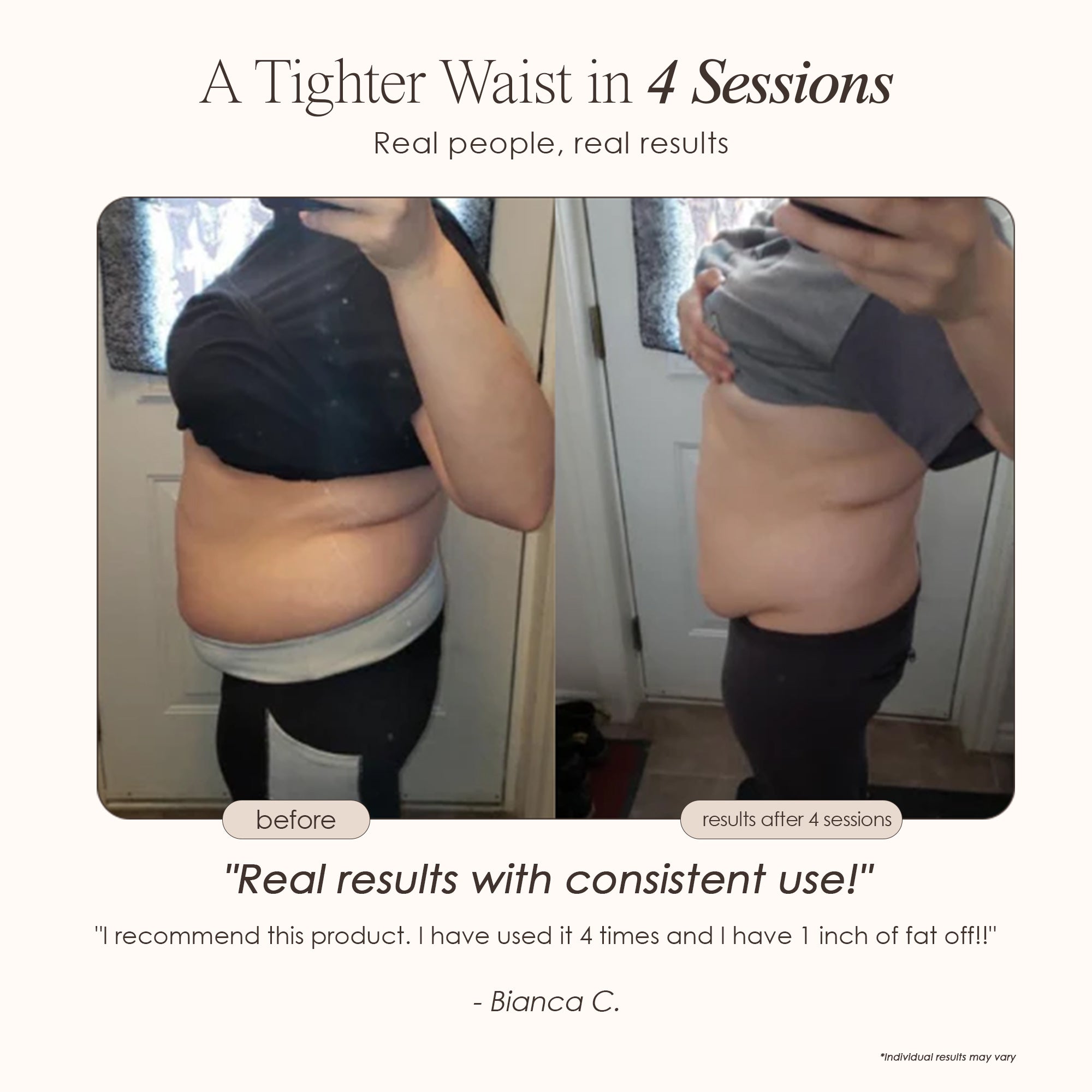 BodySculpt body contouring device before and after where the waist is tighter after 4 sessions