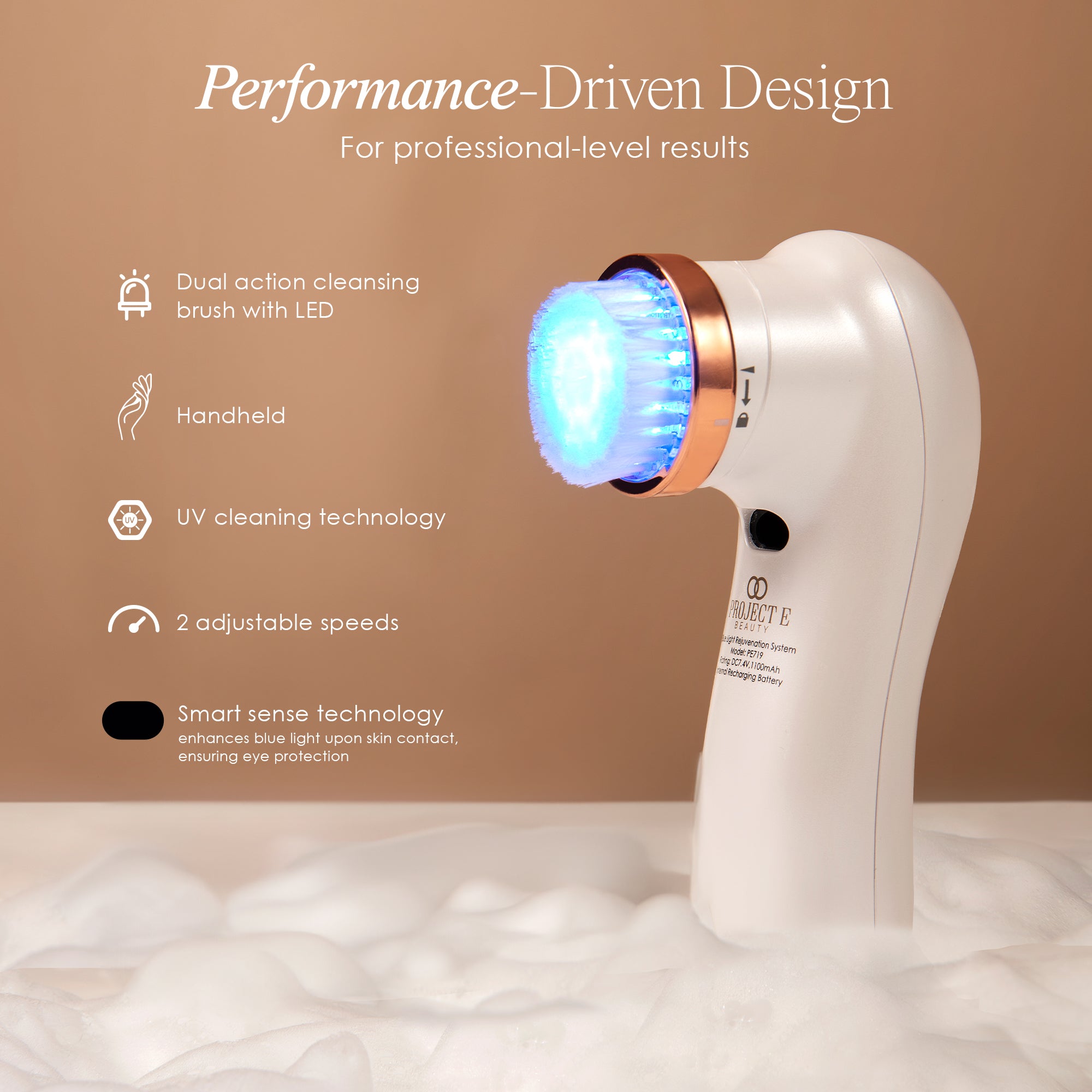 LumaBlue LED light cleansing brush listing features such as UV cleaning technology