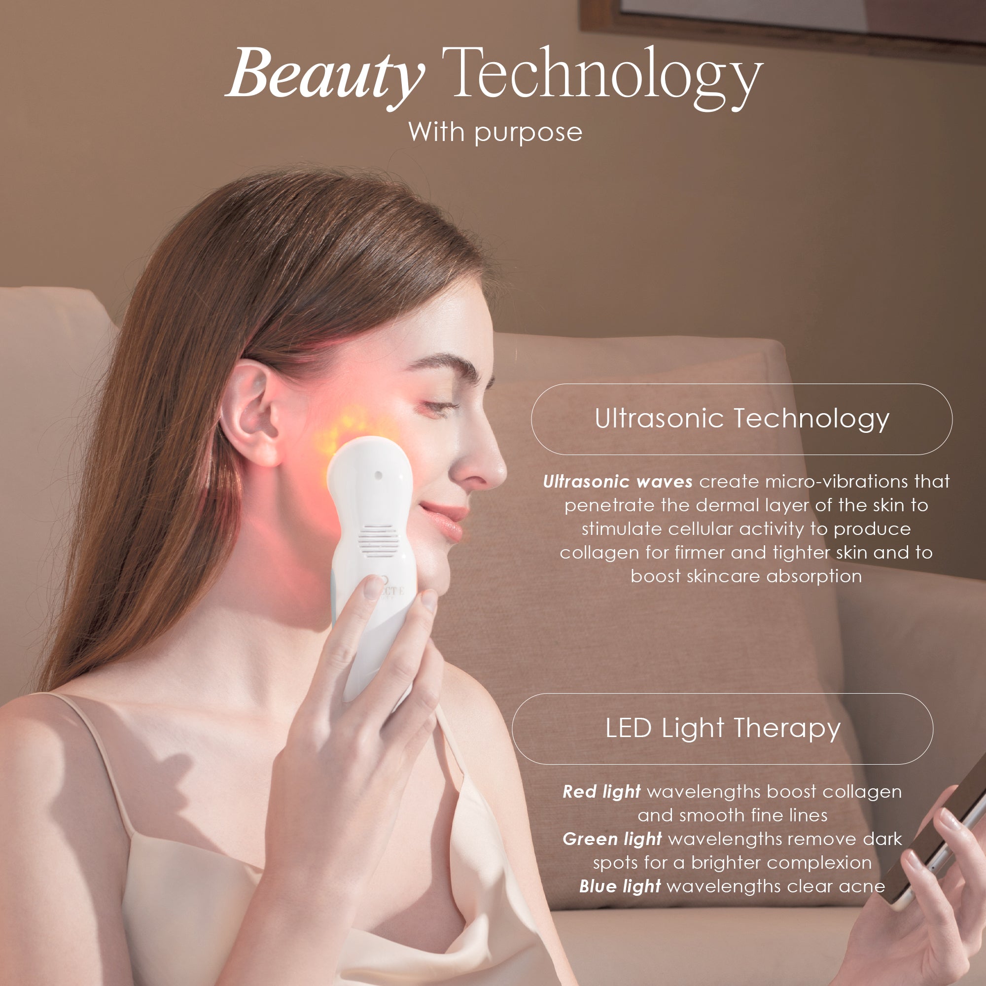 SkinSonic ultrasound therapy wand describing the functions of ultrasound therapy and LED light therapy