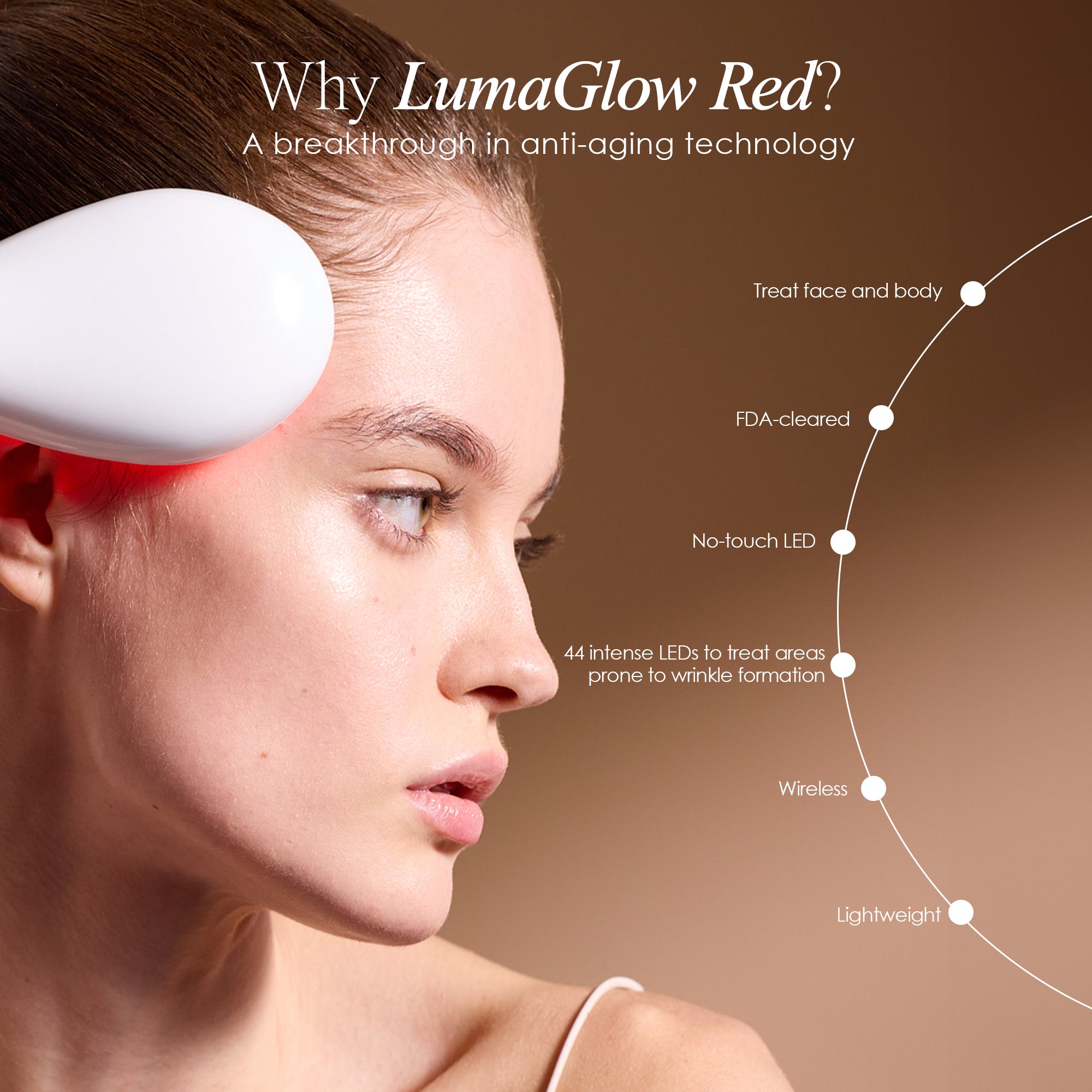 LumaGlow Red anti-aging wand listing features such as FDA-cleared and no-touch LED